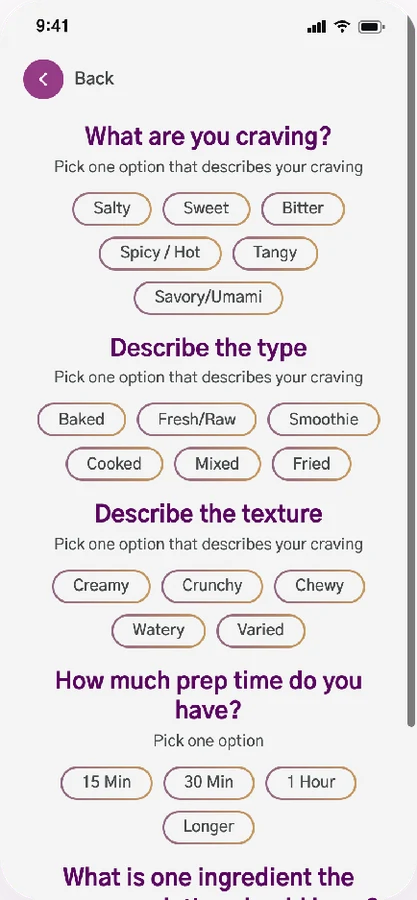 The CraveIt craving form: choose a taste, type, texture and prep time, then name one ingredient.