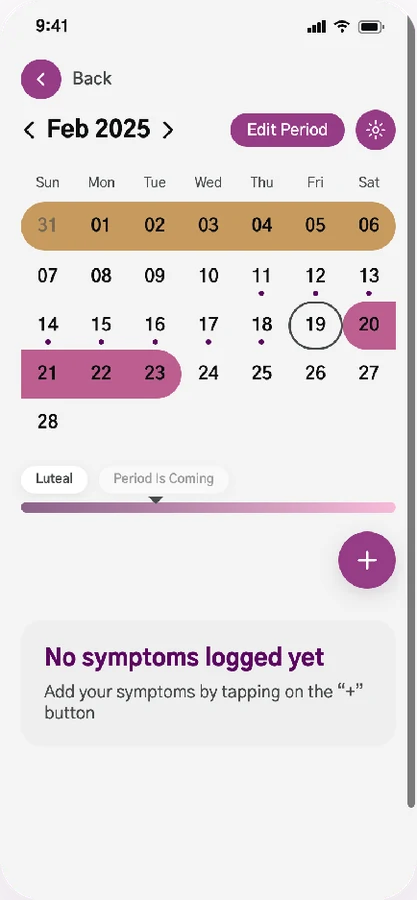 The CraveIt cycle calendar for a month, with period and luteal days shaded and a button to add symptoms.