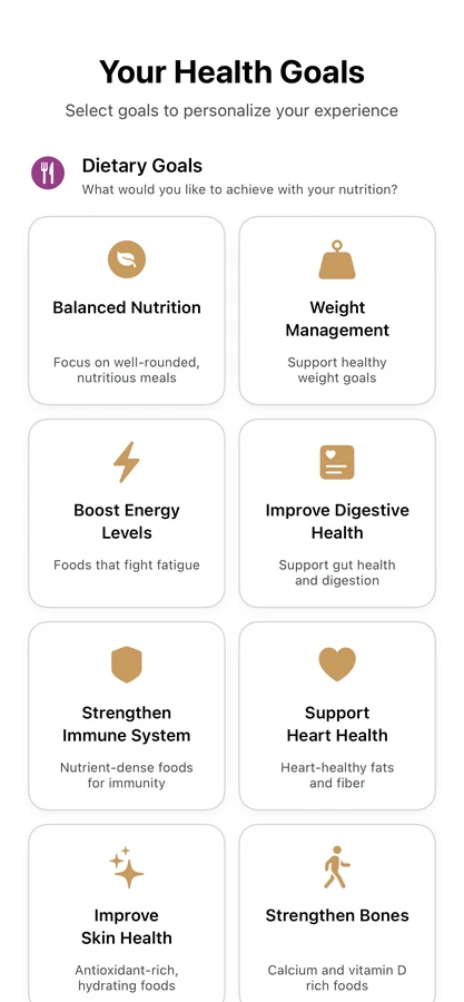The CraveIt Your Health Goals screen: cards for goals such as balanced nutrition, boosting energy, digestive health, immune support, heart health and skin health.